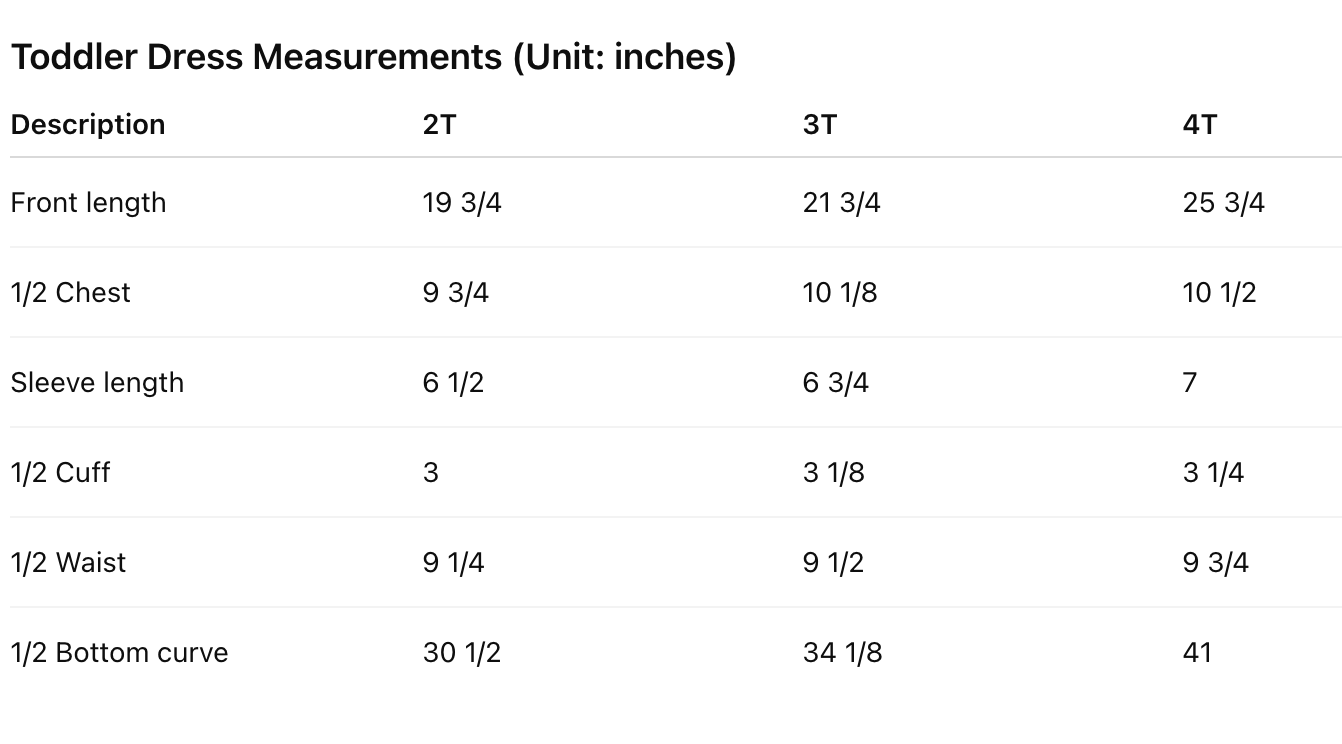 Size guide for Toddler Psalms 23 Dress